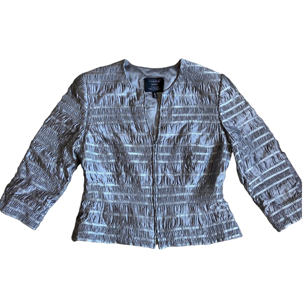 Carmen Marc Valvo Collection SILVER Grey Satin Zip Jacket Woman Size 10